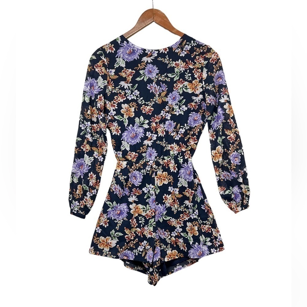 🆕 Showpo. Calling You Out Playsuit Navy Floral Tie Open Back Long Sleeve Romper